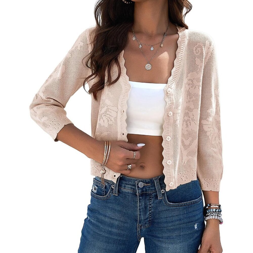 Women's Lightweight Cropped Cardigan Sweater 3/4 Sleeve Crochet Textured Top